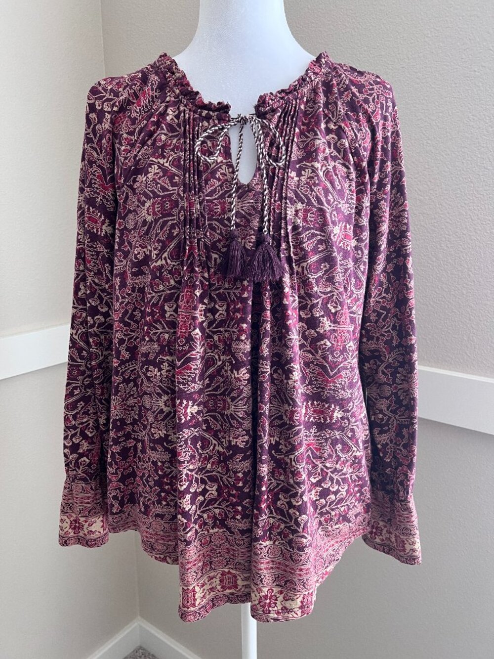 Lucky Brand Purple Floral Print Tassel Peasant Blouse (Size 1X)